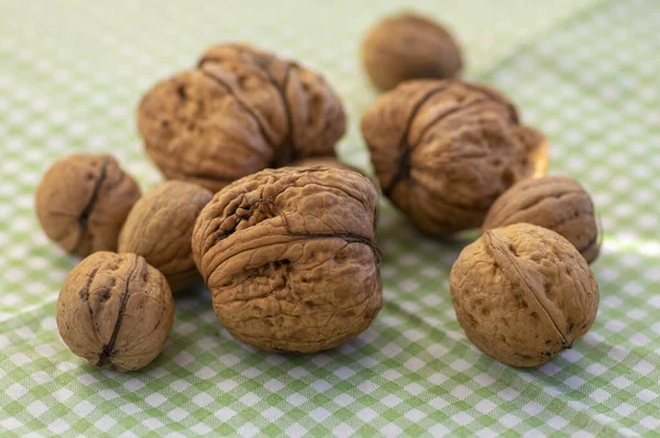 Walnüsse Auf Tischtuch Harten Nussschalen Eine Gruppe Trocken Gereifter Früchte — Stockfoto