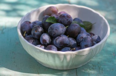 Beyaz kasedeki erik ağacının meyveleri, çatlak yüzeyi olan yeşil arka plan, lezzetli koyu mavi erikler ve yeşil yapraklar.
