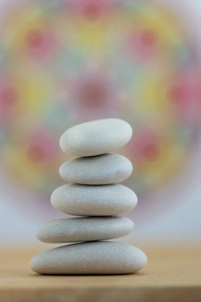 Stone Cairn White Colorfull Red Yellow Mandala Background Five Stones — 스톡 사진