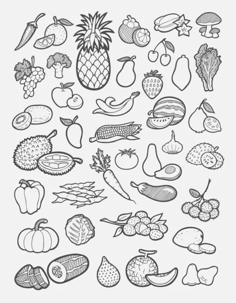 Ensemble d'icônes de dessin à la main de fruits et légumes — Image vectorielle