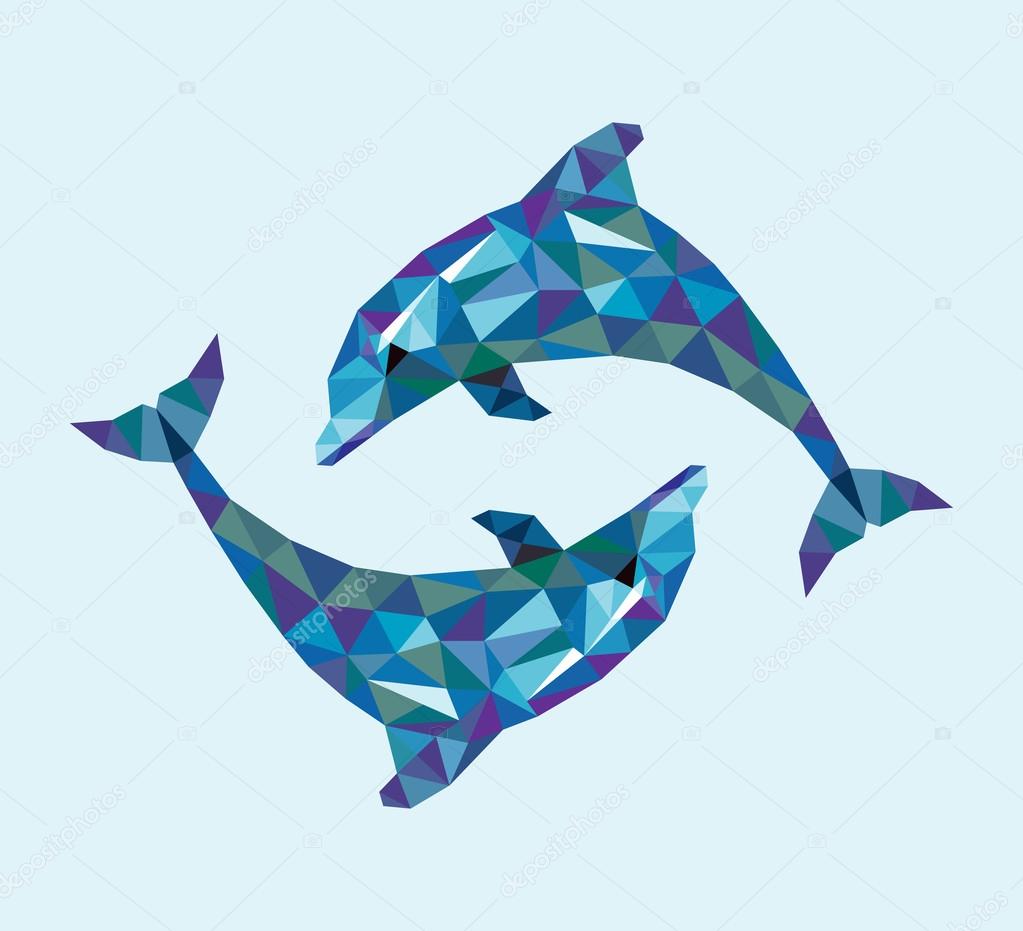 Two dolphins with triangle low polygon geometry style. Good use for logo, symbol, website icon, avatar, t-shirt design, sticker, or any design you want. Easy to use.