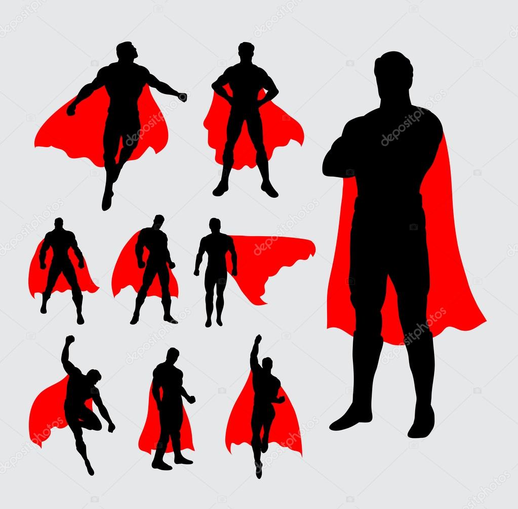 Male superhero pose, flying, standing, silhouettes. Good use for any design you want. Easy to use.