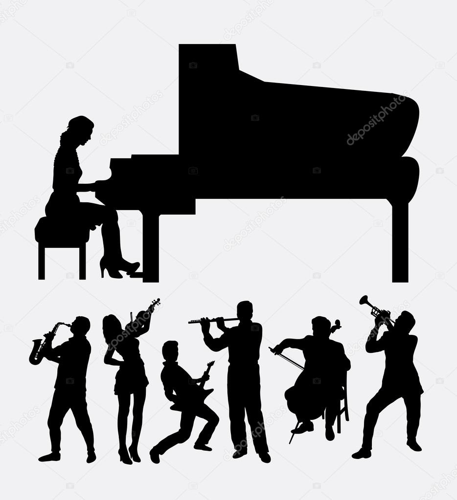 People, male and female playing music instrument silhouettes. Good use for symbol, web icons, logo, or any design you want. Easy to use.