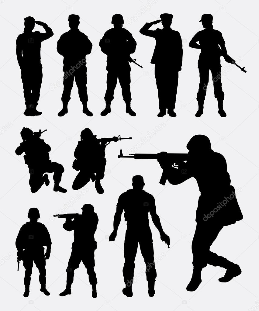 Soldier military people profession silhouettes. Good use for symbol, web icons, logo, mascot, or any design you want. Easy to use.
