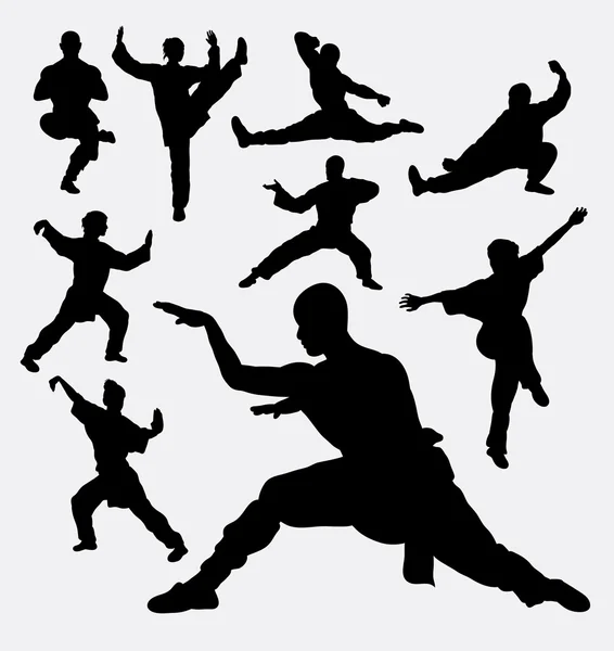 Silhouettes d'art martial hommes et femmes Wushu — Image vectorielle