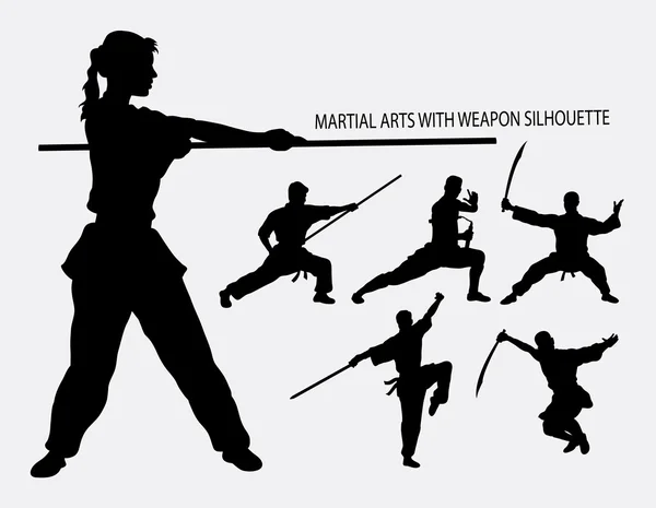 Wushu con arma de artes marciales deporte silueta — Vector de stock