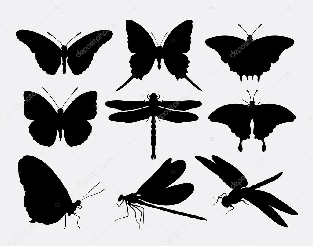 Download Butterfly and dragonfly insect silhouettes — Stock Vector ...