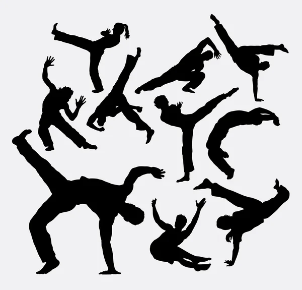 Capoeira esporte dança silhuetas. silhuetas de dança esportiva masculina e feminina . — Vetor de Stock