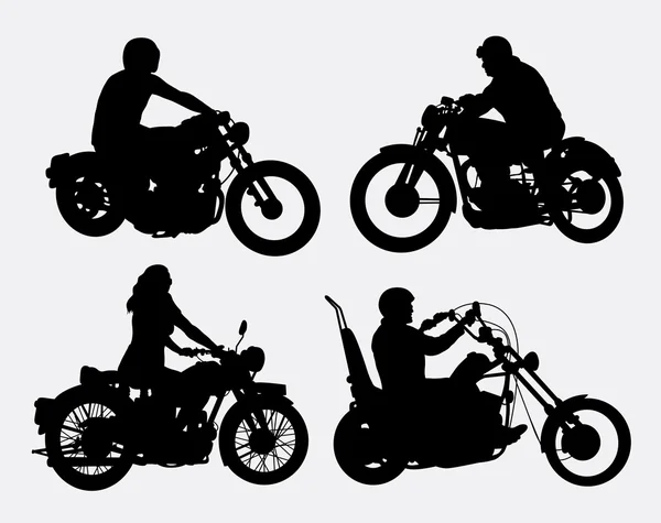 Masculino e feminino equitação vintage motocicleta silhuetas — Vetor de Stock