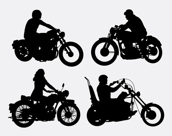 Male and female riding vintage motorcycle silhouettes — Stock Vector