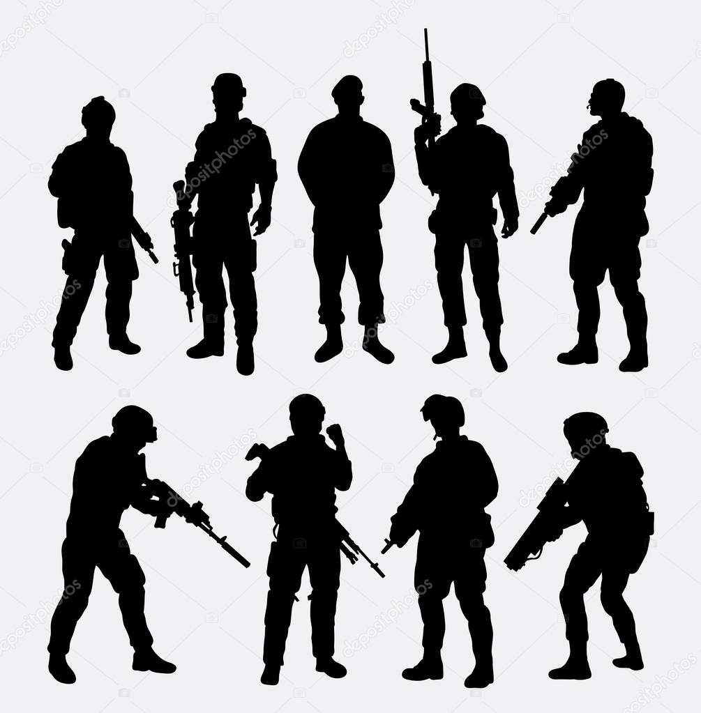 Soldier military with weapon pose silhouette. Good use for symbol, logo, web icon, mascot, avatar, or any design you want. Easy to use or change color.