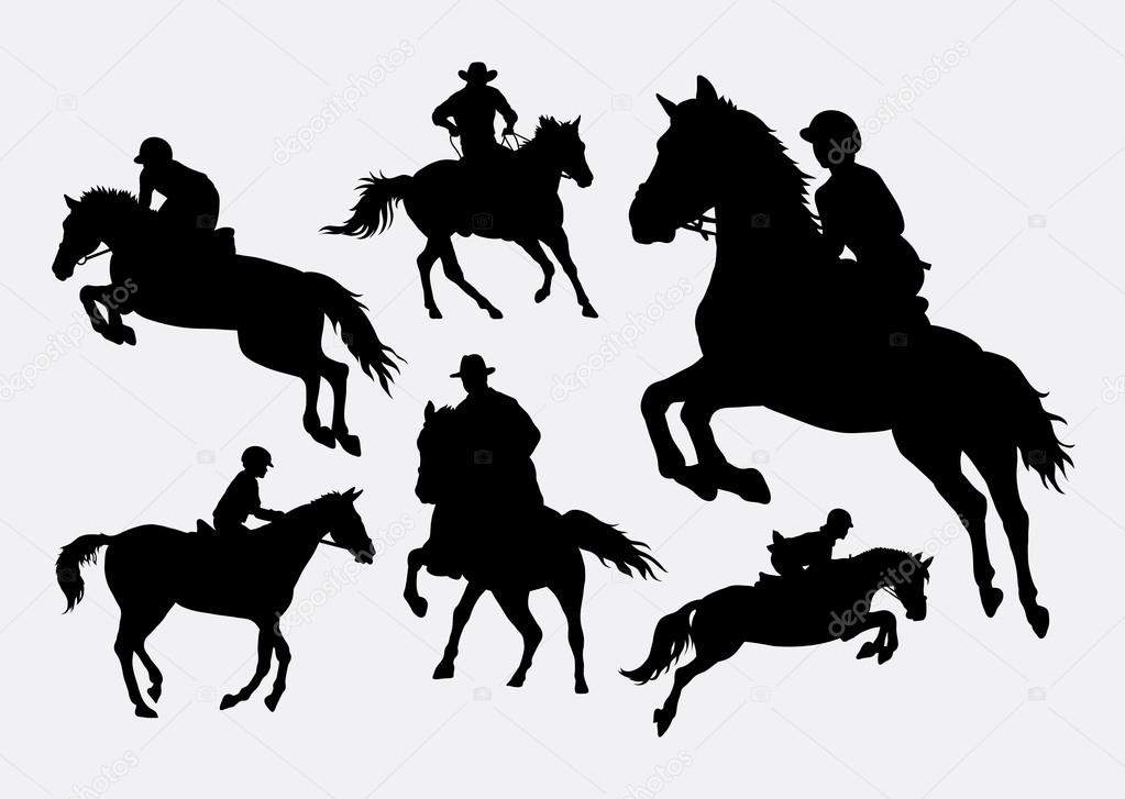 Male and female people riding horse sport action silhouettes. Good use for symbol, logo, web icon, mascot, avatar, or any design you want. Easy to use or change color.