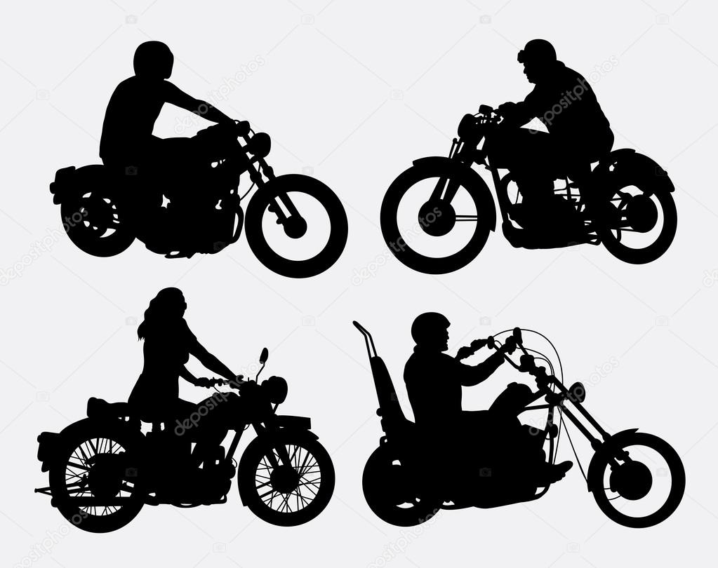 Male and female riding vintage motorcycle silhouettes. Good use for symbol, web icon, logo, mascot, or any design you want. Easy to use or change color.