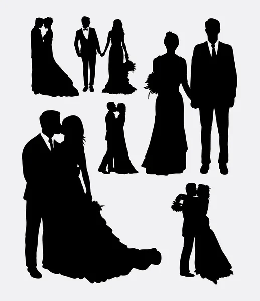 Casamento, masculino e feminino em silhuetas de amor —  Vetores de Stock