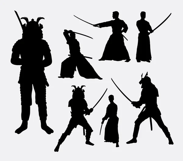 Samurai, male japanese warrior silhouettes — Stock Vector