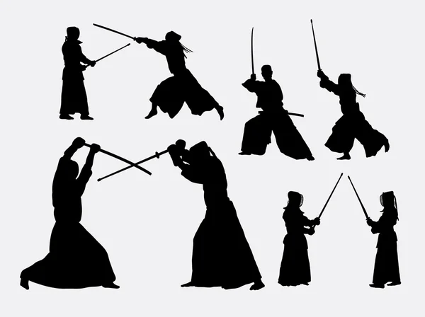 Kendo silhuetas desportivas japonesas —  Vetores de Stock