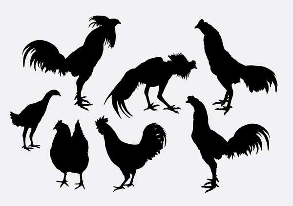 Rooster, cock, and hen silhouettes — Stock Vector