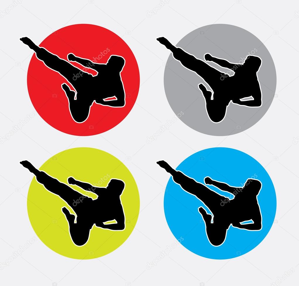 Man kicking, martial art silhouette logo. good use for symbol, web icon, logo, mascot, or any design you want. Easy to use.