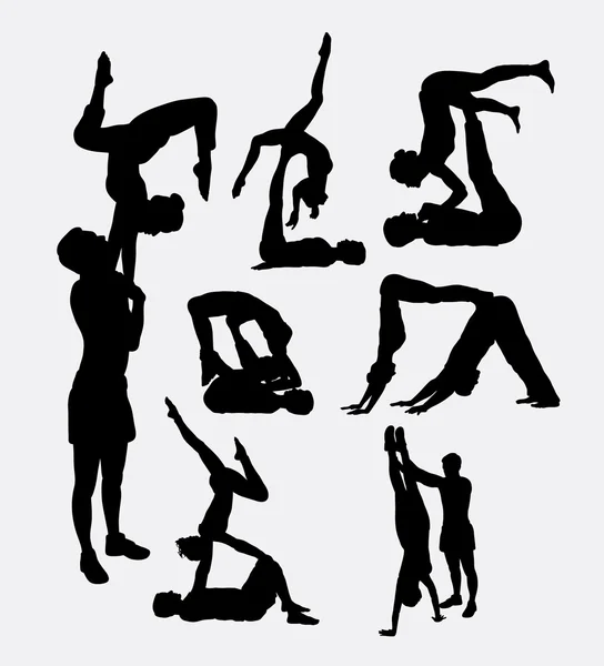 Couple yoga, male and female activity sport silhouettes — Stock Vector