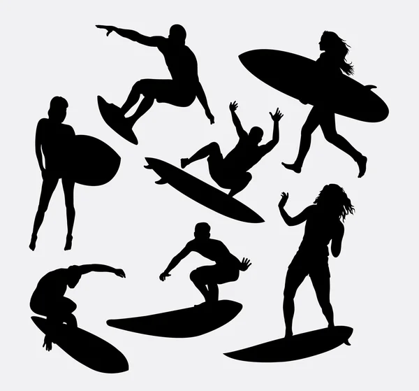 Surfer male and female sport activity silhouettes — ストックベクタ