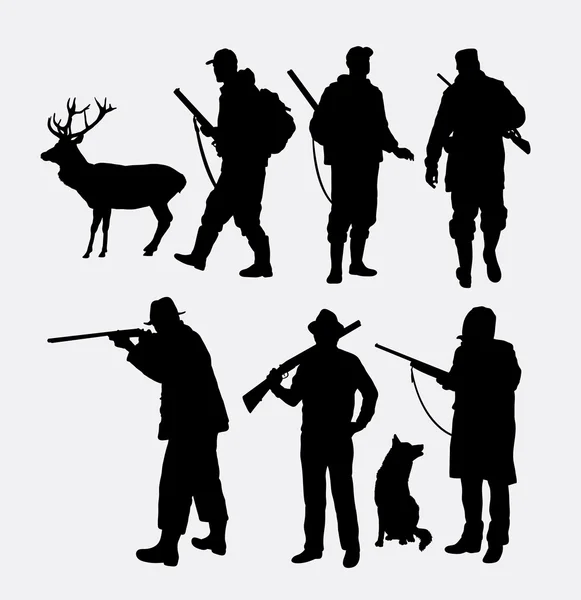 Hunter silhouettes. Male and female animal hunting. — Stok Vektör