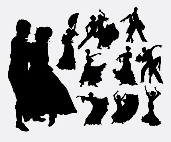 Danza tradicional, silueta de acción masculina, femenina y de pareja — Vector de stock