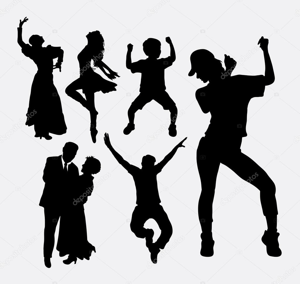 Dancer pose, male, female, and kid silhouette