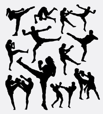 Muay Thai kick boxing fighter silhouettes clipart