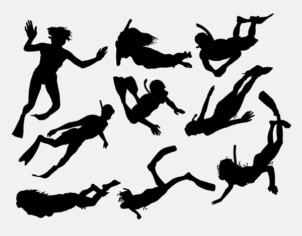 Swimming snorkeling and diving silhouettes — Stockvector