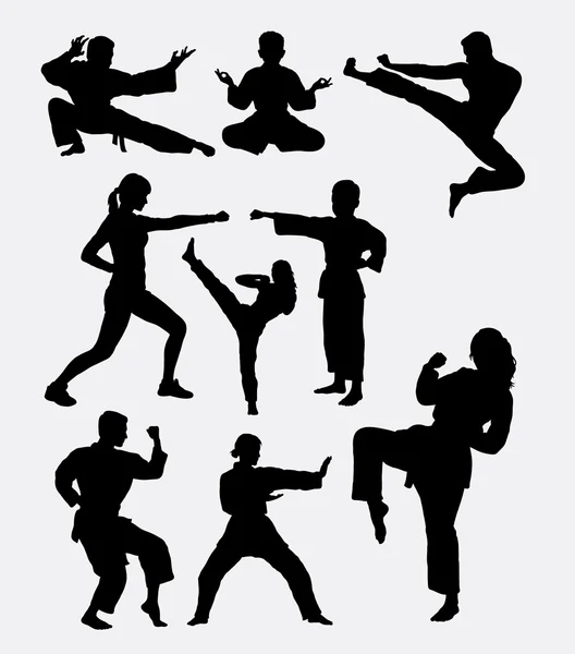 Entrenamiento de artes marciales siluetas masculinas y femeninas — Vector de stock