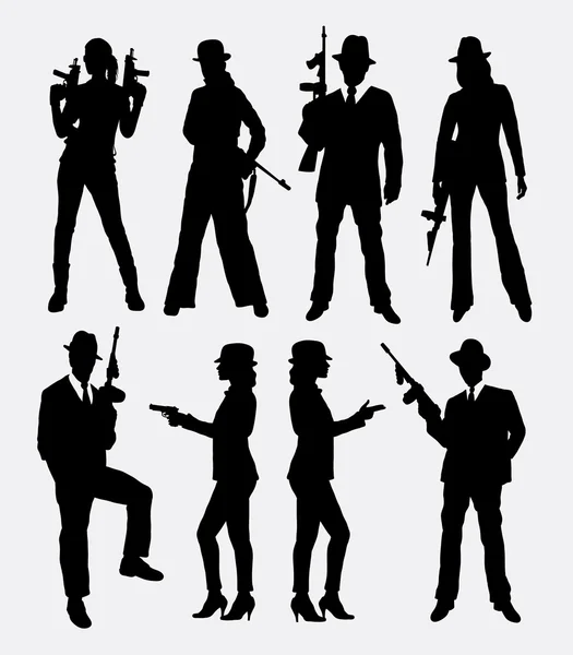 Gangster personnes mâle et femelle avec silhouette pistolet — Image vectorielle