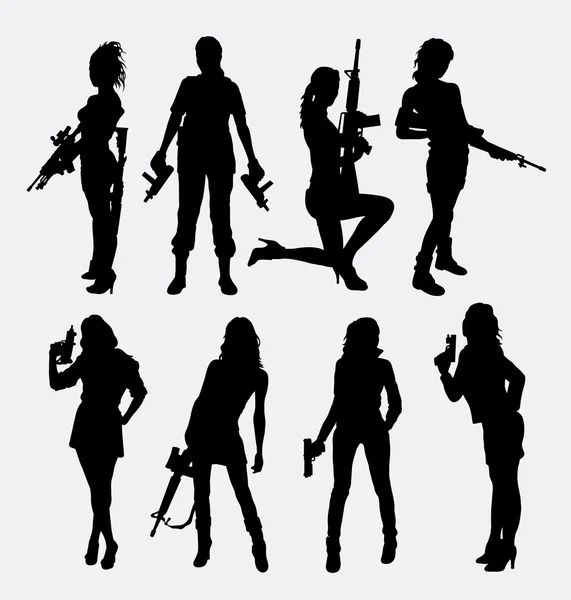 Woman sexy pose with gun silhouette — Stock Vector