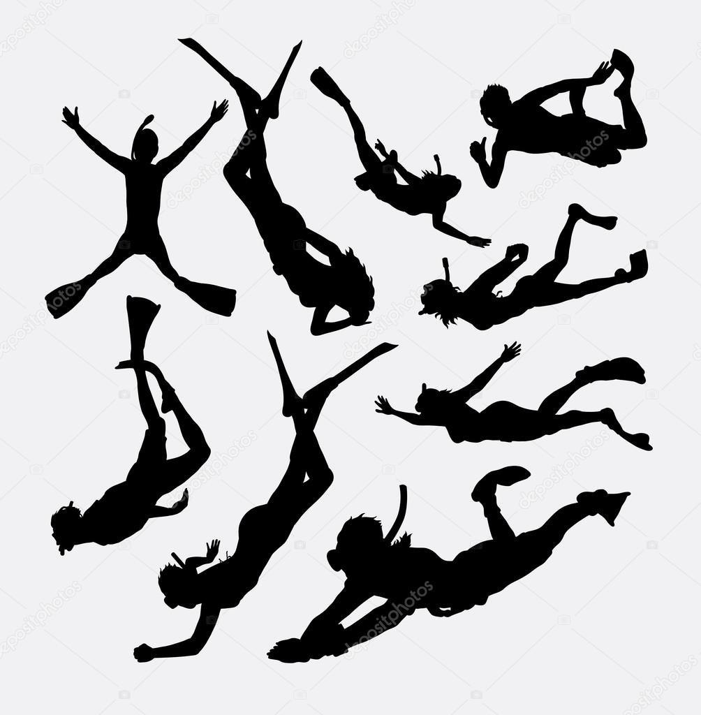 Snorkeling and scuba diving, male and female silhouette. Good use for symbol, logo, web icon, mascot, game element, sticker, or any design you want. Easy to use.