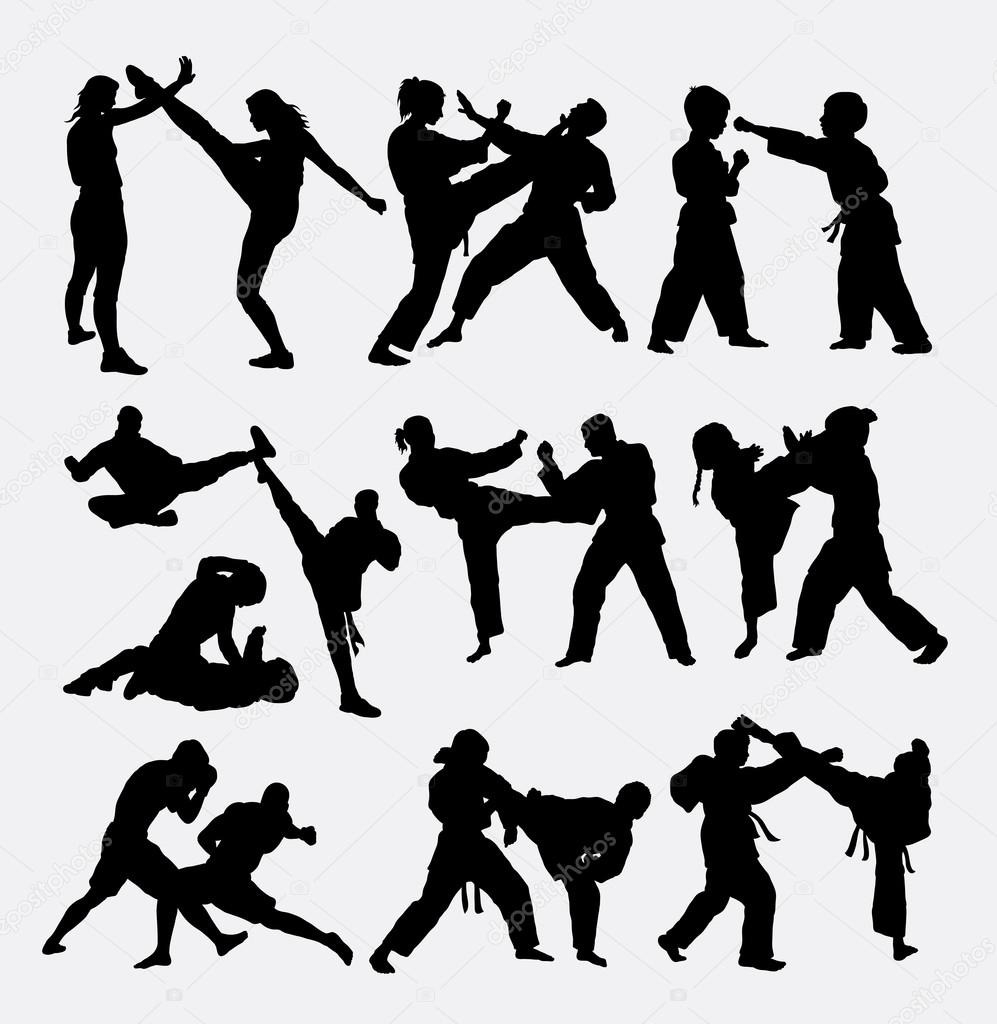 People fighting duel martial art silhouette
