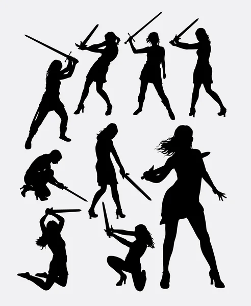 Warior fille avec épée arme silhouette — Image vectorielle