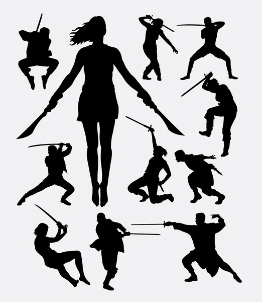 Warrior male and female with weapon silhouette — Stockvector