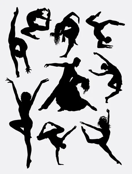 Contemporary dance, man and women action silhouette — Stock vektor