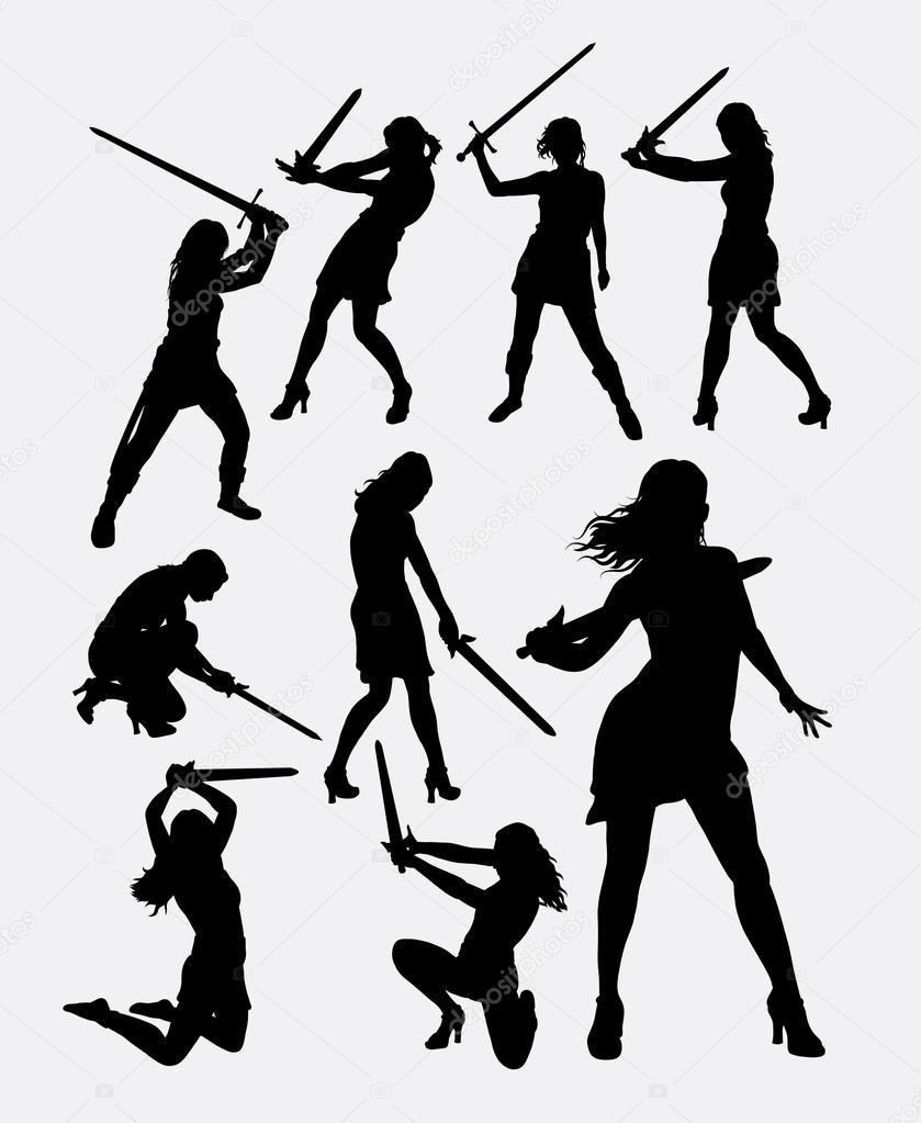 Warrior girl with sword weapon silhouette. Good use for symbol, logo, web icon, game element, mascot, character, sign, or any design you want. Easy to use.