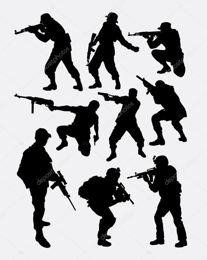 Army soldier pose with gun weapon silhouette. Good use for symbol, web icon, game character, element, sign, mascot, or any design you want. Easy to use.