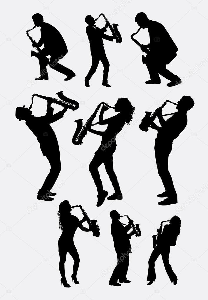 Saxophone instrument player male and female silhouette