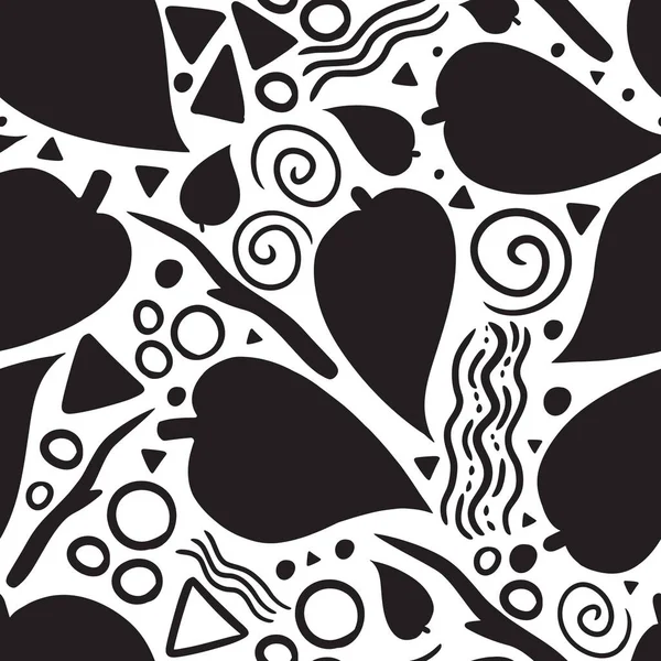 A fun little doodle-turned-into-pattern design, which uses line art leaf and several shapes and form typically found in doodles. A cute and whimsical surface pattern design. A simple graphic design using simple forms.