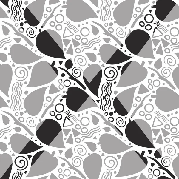 A fun little doodle-turned-into-pattern design, which uses line art leaf and several shapes and form typically found in doodles. A cute and whimsical surface pattern design. A simple graphic design using simple forms.