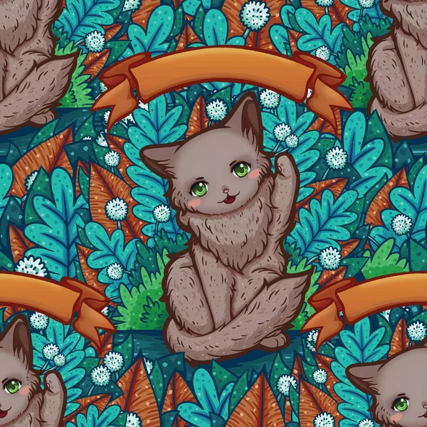 Söt Illustration Med Fluffig Katt Med Dess Tass Upp Vill — Stockfoto