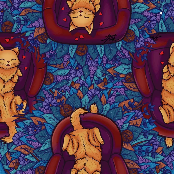 A cute illustration of an orange cat laying/sleeping on a couch. An adorable and fluffy couch potato. The cutest couch hogger there is. My spirit animal, my totem animal. An adorable seamless surface pattern design featuring fluffy kitty.