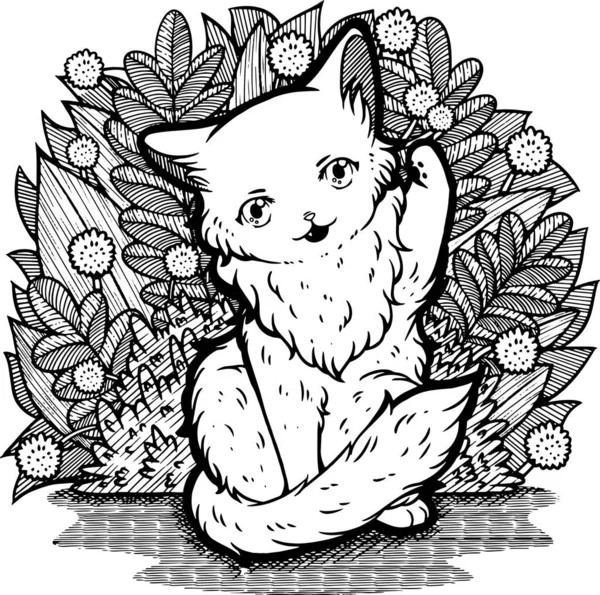 Söt Illustration Med Fluffig Katt Med Dess Tass Upp Dekorerad — Stock vektor