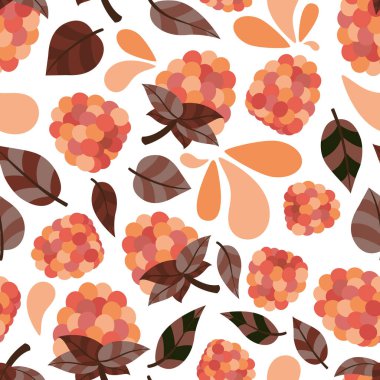 Taze ve lezzetli, ahududulu, dikişsiz bir desen. Tatlı, yuvarlak ve sulu meyvelerle dolu şirin desenli bir tasarım. Yapraklar ve birkaç damla su ile tamamlanmış..