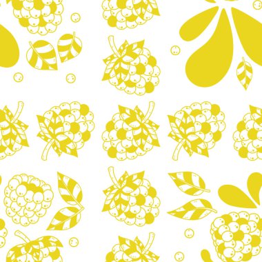 Taze ve lezzetli, ahududulu, dikişsiz bir desen. Tatlı, yuvarlak ve sulu meyvelerle dolu şirin desenli bir tasarım. Yapraklar ve birkaç damla su ile tamamlanmış..