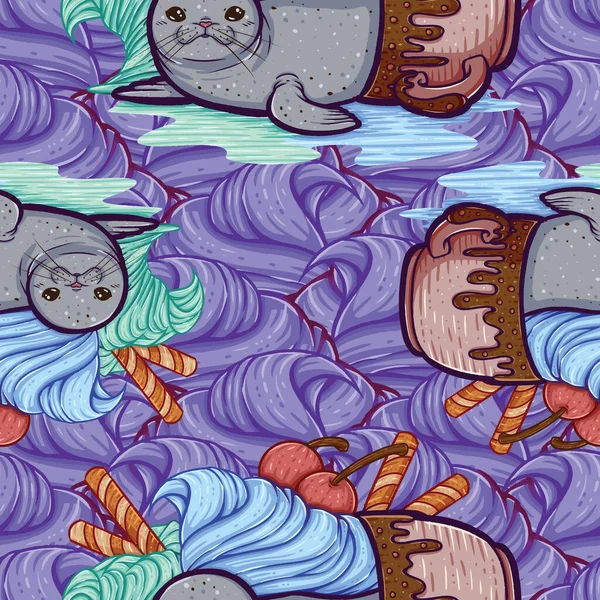 A cute illustration as a seamless surface pattern design of a seal in a cup of sundae. A cute, melted, seal puddle. Complete with two scoops of soft serve ice cream, cherries and some wafer stick/rolls.