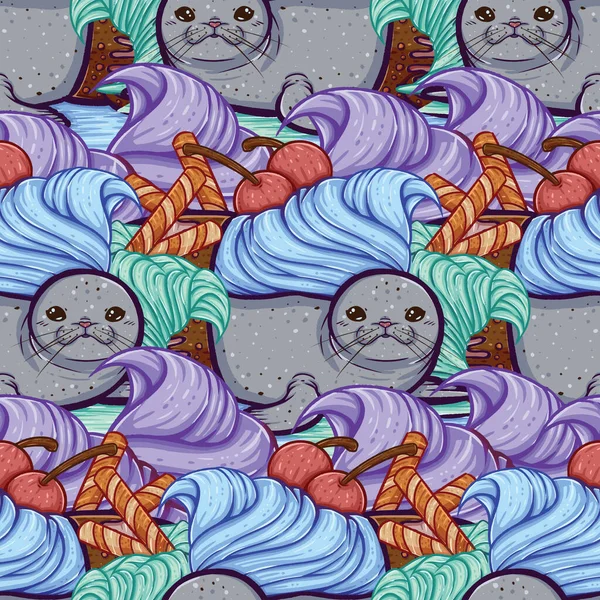 A cute illustration as a seamless surface pattern design of a seal in a cup of sundae. A cute, melted, seal puddle. Complete with two scoops of soft serve ice cream, cherries and some wafer stick/rolls.