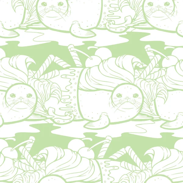 A cute illustration as a seamless pattern design of a seal in a cup of sundae. A cute, melted, seal puddle. Complete with two scoops of soft serve ice cream, cherries and some wafer stick/rolls.